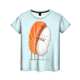 Женская футболка 3D с принтом Суши друзья в Санкт-Петербурге, 100% полиэфир ( синтетическое хлопкоподобное полотно) | прямой крой, круглый вырез горловины, длина до линии бедер | china | eat | fish | food | japan | sushi | лосось | прикол | рис | ролл | рыба | суши