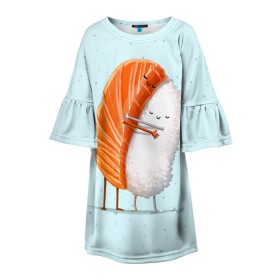 Детское платье 3D с принтом Суши друзья в Санкт-Петербурге, 100% полиэстер | прямой силуэт, чуть расширенный к низу. Круглая горловина, на рукавах — воланы | Тематика изображения на принте: china | eat | fish | food | japan | sushi | лосось | прикол | рис | ролл | рыба | суши
