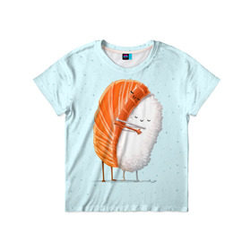 Детская футболка 3D с принтом Суши друзья в Санкт-Петербурге, 100% гипоаллергенный полиэфир | прямой крой, круглый вырез горловины, длина до линии бедер, чуть спущенное плечо, ткань немного тянется | china | eat | fish | food | japan | sushi | лосось | прикол | рис | ролл | рыба | суши