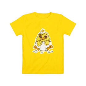 Детская футболка хлопок с принтом Цыпленок в Санкт-Петербурге, 100% хлопок | круглый вырез горловины, полуприлегающий силуэт, длина до линии бедер | желтый | мультяшка | рисунок | цыпленок | яйца