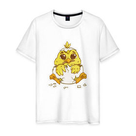 Мужская футболка хлопок с принтом Цыпленок в Санкт-Петербурге, 100% хлопок | прямой крой, круглый вырез горловины, длина до линии бедер, слегка спущенное плечо. | желтый | мультяшка | рисунок | цыпленок | яйца