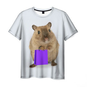 Мужская футболка 3D с принтом Хомяк с сумкой в Санкт-Петербурге, 100% полиэфир | прямой крой, круглый вырез горловины, длина до линии бедер | Тематика изображения на принте: грызун | животные | крыса | мышь | хомяк | яблоко