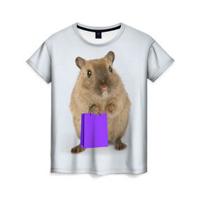 Женская футболка 3D с принтом Хомяк с сумкой в Санкт-Петербурге, 100% полиэфир ( синтетическое хлопкоподобное полотно) | прямой крой, круглый вырез горловины, длина до линии бедер | грызун | животные | крыса | мышь | хомяк | яблоко