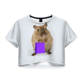 Женская футболка 3D укороченная с принтом Хомяк с сумкой в Санкт-Петербурге, 100% полиэстер | круглая горловина, длина футболки до линии талии, рукава с отворотами | грызун | животные | крыса | мышь | хомяк | яблоко