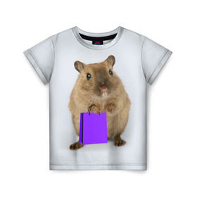 Детская футболка 3D с принтом Хомяк с сумкой в Санкт-Петербурге, 100% гипоаллергенный полиэфир | прямой крой, круглый вырез горловины, длина до линии бедер, чуть спущенное плечо, ткань немного тянется | грызун | животные | крыса | мышь | хомяк | яблоко