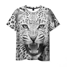 Мужская футболка 3D с принтом Леопард в Санкт-Петербурге, 100% полиэфир | прямой крой, круглый вырез горловины, длина до линии бедер | animal | eyes | jaws | leopard | malicious | predator | spotted | teeth | wild | взгляд | дикий | животное | злой | клыки | леопард | оскал | пасть | пятнистый | хищник