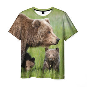 Мужская футболка 3D с принтом Медведи в Санкт-Петербурге, 100% полиэфир | прямой крой, круглый вырез горловины, длина до линии бедер | animals | bears | children | family | green | meadow | mother | predators | дети | животные | зеленая | мама | медведи | поляна | семья | хищники