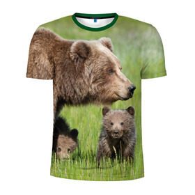 Мужская футболка 3D спортивная с принтом Медведи в Санкт-Петербурге, 100% полиэстер с улучшенными характеристиками | приталенный силуэт, круглая горловина, широкие плечи, сужается к линии бедра | animals | bears | children | family | green | meadow | mother | predators | дети | животные | зеленая | мама | медведи | поляна | семья | хищники