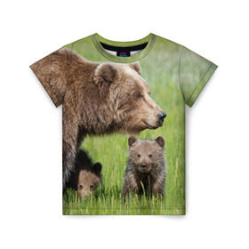 Детская футболка 3D с принтом Медведи в Санкт-Петербурге, 100% гипоаллергенный полиэфир | прямой крой, круглый вырез горловины, длина до линии бедер, чуть спущенное плечо, ткань немного тянется | animals | bears | children | family | green | meadow | mother | predators | дети | животные | зеленая | мама | медведи | поляна | семья | хищники