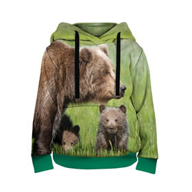 Детская толстовка 3D с принтом Медведи в Санкт-Петербурге, 100% полиэстер | двухслойный капюшон со шнурком для регулировки, мягкие манжеты на рукавах и по низу толстовки, спереди карман-кенгуру с мягким внутренним слоем | animals | bears | children | family | green | meadow | mother | predators | дети | животные | зеленая | мама | медведи | поляна | семья | хищники