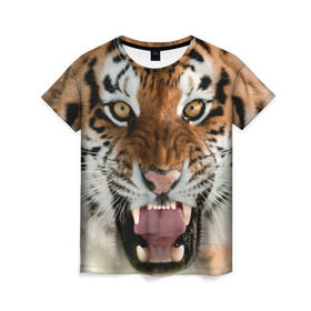 Женская футболка 3D с принтом Тигр в Санкт-Петербурге, 100% полиэфир ( синтетическое хлопкоподобное полотно) | прямой крой, круглый вырез горловины, длина до линии бедер | animal | predator | striped | tiger | view | wild | взгляд | дикий | животное | полосатый | тигр | хищник
