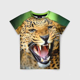 Детская футболка 3D с принтом Леопард в Санкт-Петербурге, 100% гипоаллергенный полиэфир | прямой крой, круглый вырез горловины, длина до линии бедер, чуть спущенное плечо, ткань немного тянется | animal | leopard | look | predator | spotted | wild | взгляд | дикий | животное | леопард | пятнистый | хищник