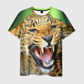 Мужская футболка 3D с принтом Леопард в Санкт-Петербурге, 100% полиэфир | прямой крой, круглый вырез горловины, длина до линии бедер | animal | leopard | look | predator | spotted | wild | взгляд | дикий | животное | леопард | пятнистый | хищник