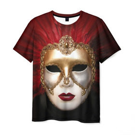 Мужская футболка 3D с принтом Венецианская маска в Санкт-Петербурге, 100% полиэфир | прямой крой, круглый вырез горловины, длина до линии бедер | венеция | италия | карнавал | красный | лицо | перья