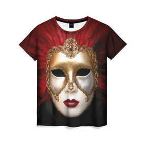 Женская футболка 3D с принтом Венецианская маска в Санкт-Петербурге, 100% полиэфир ( синтетическое хлопкоподобное полотно) | прямой крой, круглый вырез горловины, длина до линии бедер | венеция | италия | карнавал | красный | лицо | перья