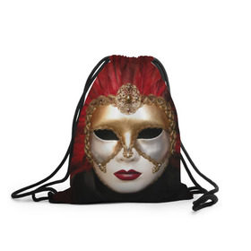 Рюкзак-мешок 3D с принтом Венецианская маска в Санкт-Петербурге, 100% полиэстер | плотность ткани — 200 г/м2, размер — 35 х 45 см; лямки — толстые шнурки, застежка на шнуровке, без карманов и подкладки | Тематика изображения на принте: венеция | италия | карнавал | красный | лицо | перья