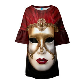 Детское платье 3D с принтом Венецианская маска в Санкт-Петербурге, 100% полиэстер | прямой силуэт, чуть расширенный к низу. Круглая горловина, на рукавах — воланы | Тематика изображения на принте: венеция | италия | карнавал | красный | лицо | перья