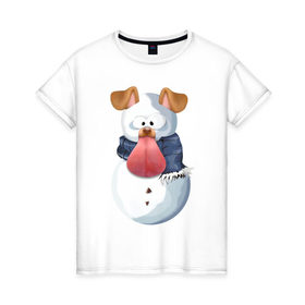 Женская футболка хлопок с принтом Снеговик снэпчат 2 в Санкт-Петербурге, 100% хлопок | прямой крой, круглый вырез горловины, длина до линии бедер, слегка спущенное плечо | snapchat | радуга | снеговик | снэпчат | уши | фильтр | язык