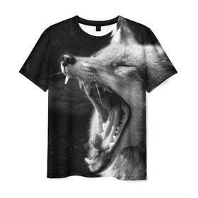Мужская футболка 3D с принтом Лиса в Санкт-Петербурге, 100% полиэфир | прямой крой, круглый вырез горловины, длина до линии бедер | animal | bw | fox | jaws | predator | sly | teeth | wild | yawn | дикая | животное | зевает | зубы | лиса | пасть | хитрая | хищник | чб