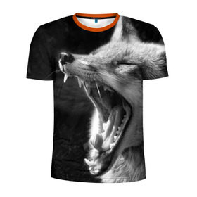 Мужская футболка 3D спортивная с принтом Лиса в Санкт-Петербурге, 100% полиэстер с улучшенными характеристиками | приталенный силуэт, круглая горловина, широкие плечи, сужается к линии бедра | Тематика изображения на принте: animal | bw | fox | jaws | predator | sly | teeth | wild | yawn | дикая | животное | зевает | зубы | лиса | пасть | хитрая | хищник | чб