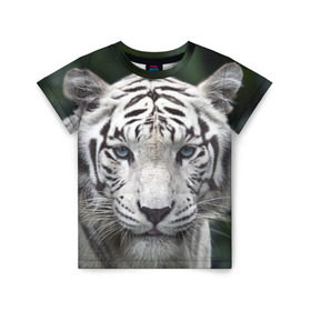 Детская футболка 3D с принтом Белый тигр в Санкт-Петербурге, 100% гипоаллергенный полиэфир | прямой крой, круглый вырез горловины, длина до линии бедер, чуть спущенное плечо, ткань немного тянется | animal | jungle | look | predator | tiger | white | wild | белый | взгляд | джунгли | дикий | животное | тигр | хищник