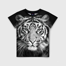 Детская футболка 3D с принтом Тигр в Санкт-Петербурге, 100% гипоаллергенный полиэфир | прямой крой, круглый вырез горловины, длина до линии бедер, чуть спущенное плечо, ткань немного тянется | animal | black   white | look | predator | tiger | wild | взгляд | дикий | животное | тигр | хищник | черно   белый