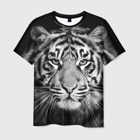 Мужская футболка 3D с принтом Тигр в Санкт-Петербурге, 100% полиэфир | прямой крой, круглый вырез горловины, длина до линии бедер | Тематика изображения на принте: animal | black   white | look | predator | tiger | wild | взгляд | дикий | животное | тигр | хищник | черно   белый