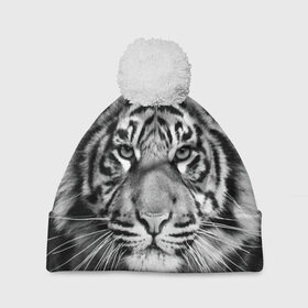 Шапка 3D c помпоном с принтом Тигр в Санкт-Петербурге, 100% полиэстер | универсальный размер, печать по всей поверхности изделия | animal | black   white | look | predator | tiger | wild | взгляд | дикий | животное | тигр | хищник | черно   белый
