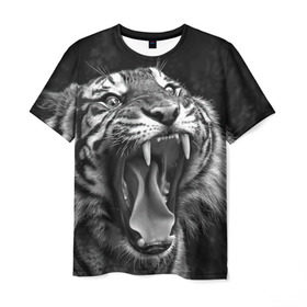 Мужская футболка 3D с принтом Тигр в Санкт-Петербурге, 100% полиэфир | прямой крой, круглый вырез горловины, длина до линии бедер | animal | black   white | fangs | jaws | jungle | predator | teeth | tiger | wild | джунгли | дикий | животное | клыки | оскал | пасть | тигр | хищник | черно   белый