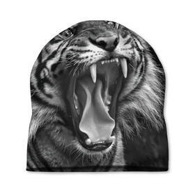 Шапка 3D с принтом Тигр в Санкт-Петербурге, 100% полиэстер | универсальный размер, печать по всей поверхности изделия | Тематика изображения на принте: animal | black   white | fangs | jaws | jungle | predator | teeth | tiger | wild | джунгли | дикий | животное | клыки | оскал | пасть | тигр | хищник | черно   белый
