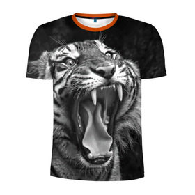 Мужская футболка 3D спортивная с принтом Тигр в Санкт-Петербурге, 100% полиэстер с улучшенными характеристиками | приталенный силуэт, круглая горловина, широкие плечи, сужается к линии бедра | animal | black   white | fangs | jaws | jungle | predator | teeth | tiger | wild | джунгли | дикий | животное | клыки | оскал | пасть | тигр | хищник | черно   белый