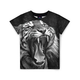 Детская футболка 3D с принтом Тигр в Санкт-Петербурге, 100% гипоаллергенный полиэфир | прямой крой, круглый вырез горловины, длина до линии бедер, чуть спущенное плечо, ткань немного тянется | animal | black   white | fangs | jaws | jungle | predator | teeth | tiger | wild | джунгли | дикий | животное | клыки | оскал | пасть | тигр | хищник | черно   белый