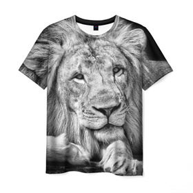 Мужская футболка 3D с принтом Лев в Санкт-Петербурге, 100% полиэфир | прямой крой, круглый вырез горловины, длина до линии бедер | animal | black   white | king | lies | lion | look | predator | wild | взгляд | дикий | животное | зверь | лев | лежит | хищник | царь | черно   белый
