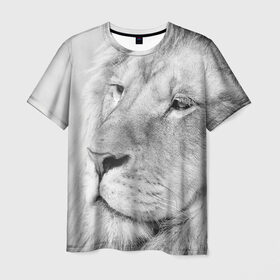 Мужская футболка 3D с принтом Лев в Санкт-Петербурге, 100% полиэфир | прямой крой, круглый вырез горловины, длина до линии бедер | animal | black   white | king | lion | look | predator | wild | взгляд | дикий | животное | зверь | лев | хищник | царь | черно   белый