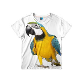 Детская футболка 3D с принтом Попугай ара в Санкт-Петербурге, 100% гипоаллергенный полиэфир | прямой крой, круглый вырез горловины, длина до линии бедер, чуть спущенное плечо, ткань немного тянется | желтый | птица | синий | экзотика