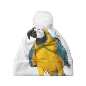 Шапка 3D c помпоном с принтом Попугай ара в Санкт-Петербурге, 100% полиэстер | универсальный размер, печать по всей поверхности изделия | желтый | птица | синий | экзотика