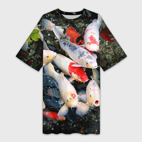 Платье-футболка 3D с принтом Koi Fish (карпы кои) в Санкт-Петербурге,  |  | bright | brocade | carp | color | decorative | depth | exotic | fish | koi | koi fish | sea | water | вода | глубина | декоративные | карпы | кои | море | парчовый | рыбки | цвет | экзотические | яркий