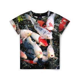 Детская футболка 3D с принтом Koi Fish (карпы кои) в Санкт-Петербурге, 100% гипоаллергенный полиэфир | прямой крой, круглый вырез горловины, длина до линии бедер, чуть спущенное плечо, ткань немного тянется | bright | brocade | carp | color | decorative | depth | exotic | fish | koi | koi fish | sea | water | вода | глубина | декоративные | карпы | кои | море | парчовый | рыбки | цвет | экзотические | яркий