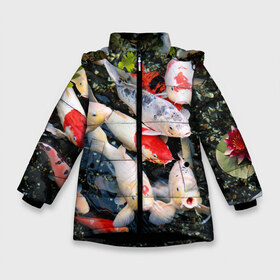 Зимняя куртка для девочек 3D с принтом Koi Fish (карпы кои) в Санкт-Петербурге, ткань верха — 100% полиэстер; подклад — 100% полиэстер, утеплитель — 100% полиэстер. | длина ниже бедра, удлиненная спинка, воротник стойка и отстегивающийся капюшон. Есть боковые карманы с листочкой на кнопках, утяжки по низу изделия и внутренний карман на молнии. 

Предусмотрены светоотражающий принт на спинке, радужный светоотражающий элемент на пуллере молнии и на резинке для утяжки. | bright | brocade | carp | color | decorative | depth | exotic | fish | koi | koi fish | sea | water | вода | глубина | декоративные | карпы | кои | море | парчовый | рыбки | цвет | экзотические | яркий
