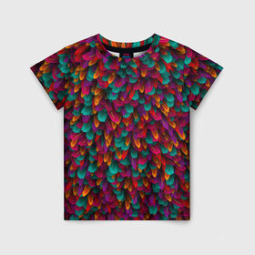 Детская футболка 3D с принтом Перья в Санкт-Петербурге, 100% гипоаллергенный полиэфир | прямой крой, круглый вырез горловины, длина до линии бедер, чуть спущенное плечо, ткань немного тянется | петух | попугай | птица | разноцветный | текстура | чудо