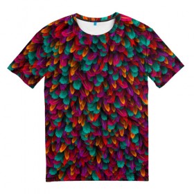 Мужская футболка 3D с принтом Перья в Санкт-Петербурге, 100% полиэфир | прямой крой, круглый вырез горловины, длина до линии бедер | петух | попугай | птица | разноцветный | текстура | чудо