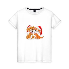 Женская футболка хлопок с принтом Щенок и котенок в Санкт-Петербурге, 100% хлопок | прямой крой, круглый вырез горловины, длина до линии бедер, слегка спущенное плечо | 
