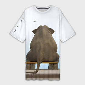 Платье-футболка 3D с принтом Слон и журавли в Санкт-Петербурге,  |  | bench | coast | cranes | dream | elephant | flight | sea | sitting | берег | журавли | мечты | море | полет | сидит | скамейка | слон