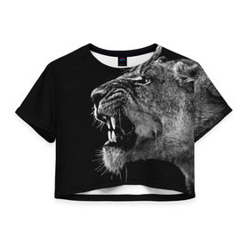 Женская футболка 3D укороченная с принтом Львица в Санкт-Петербурге, 100% полиэстер | круглая горловина, длина футболки до линии талии, рукава с отворотами | animal | fangs | head | lion | lioness | predator | teeth | wild | голова | дикая | животное | клыки | лев | львица | оскал | хищник