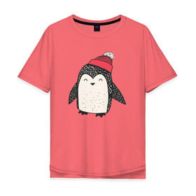 Мужская футболка хлопок Oversize с принтом Пингвин в шапке в Санкт-Петербурге, 100% хлопок | свободный крой, круглый ворот, “спинка” длиннее передней части | милота