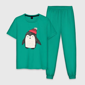 Мужская пижама хлопок с принтом Пингвин в шапке в Санкт-Петербурге, 100% хлопок | брюки и футболка прямого кроя, без карманов, на брюках мягкая резинка на поясе и по низу штанин
 | милота