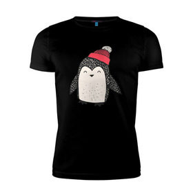 Мужская футболка премиум с принтом Пингвин в шапке в Санкт-Петербурге, 92% хлопок, 8% лайкра | приталенный силуэт, круглый вырез ворота, длина до линии бедра, короткий рукав | Тематика изображения на принте: милота