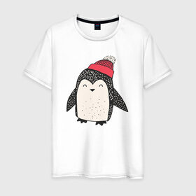 Мужская футболка хлопок с принтом Пингвин в шапке в Санкт-Петербурге, 100% хлопок | прямой крой, круглый вырез горловины, длина до линии бедер, слегка спущенное плечо. | Тематика изображения на принте: милота