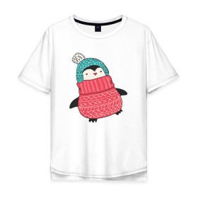 Мужская футболка хлопок Oversize с принтом Пингвин в шапке в Санкт-Петербурге, 100% хлопок | свободный крой, круглый ворот, “спинка” длиннее передней части | Тематика изображения на принте: 