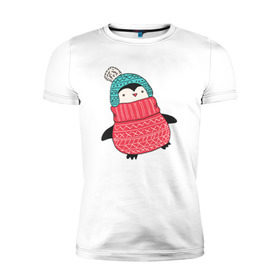 Мужская футболка премиум с принтом Пингвин в шапке в Санкт-Петербурге, 92% хлопок, 8% лайкра | приталенный силуэт, круглый вырез ворота, длина до линии бедра, короткий рукав | 